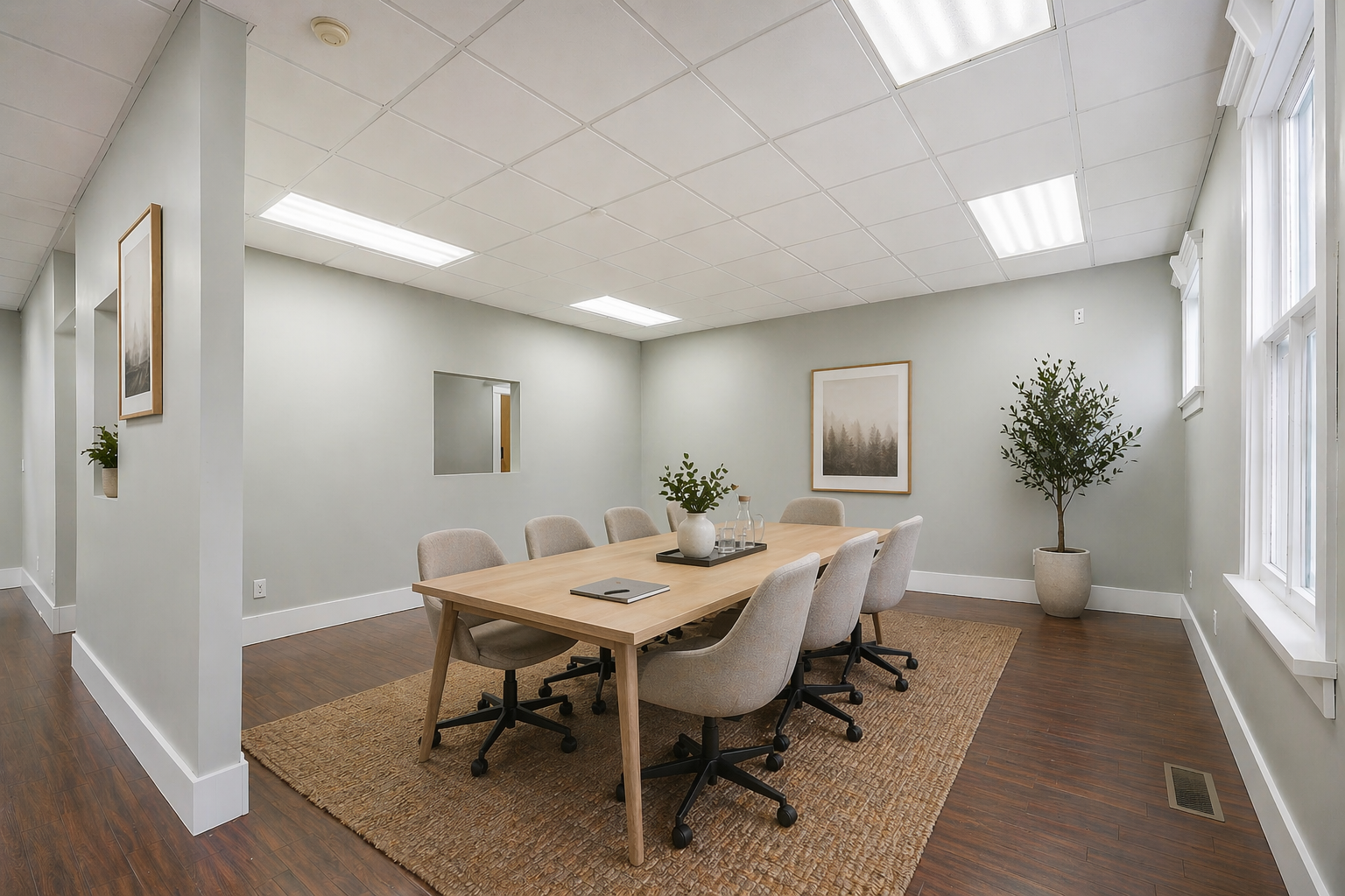 Open commercial room virtually staged as a boardroom for eight