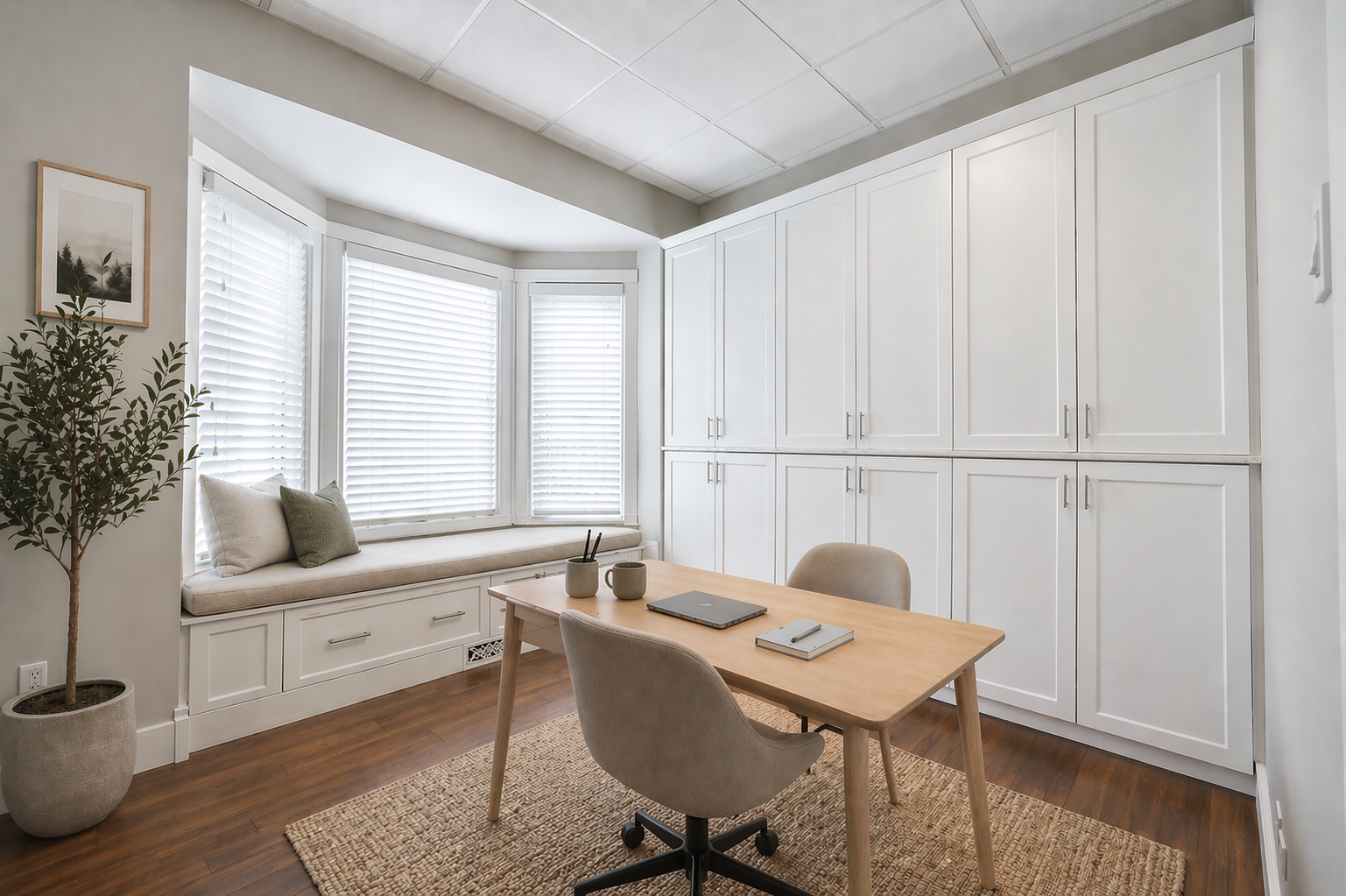Private office virtually staged with built-in storage and bay window seating