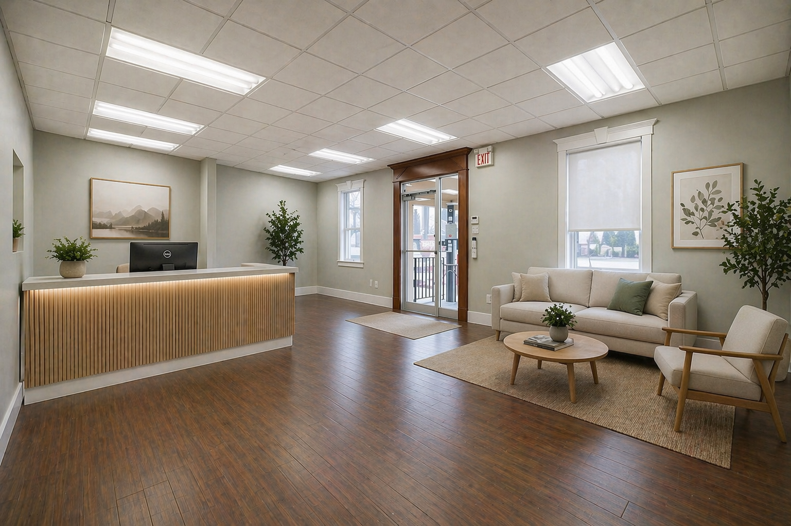 Front commercial area virtually staged as a reception and lounge