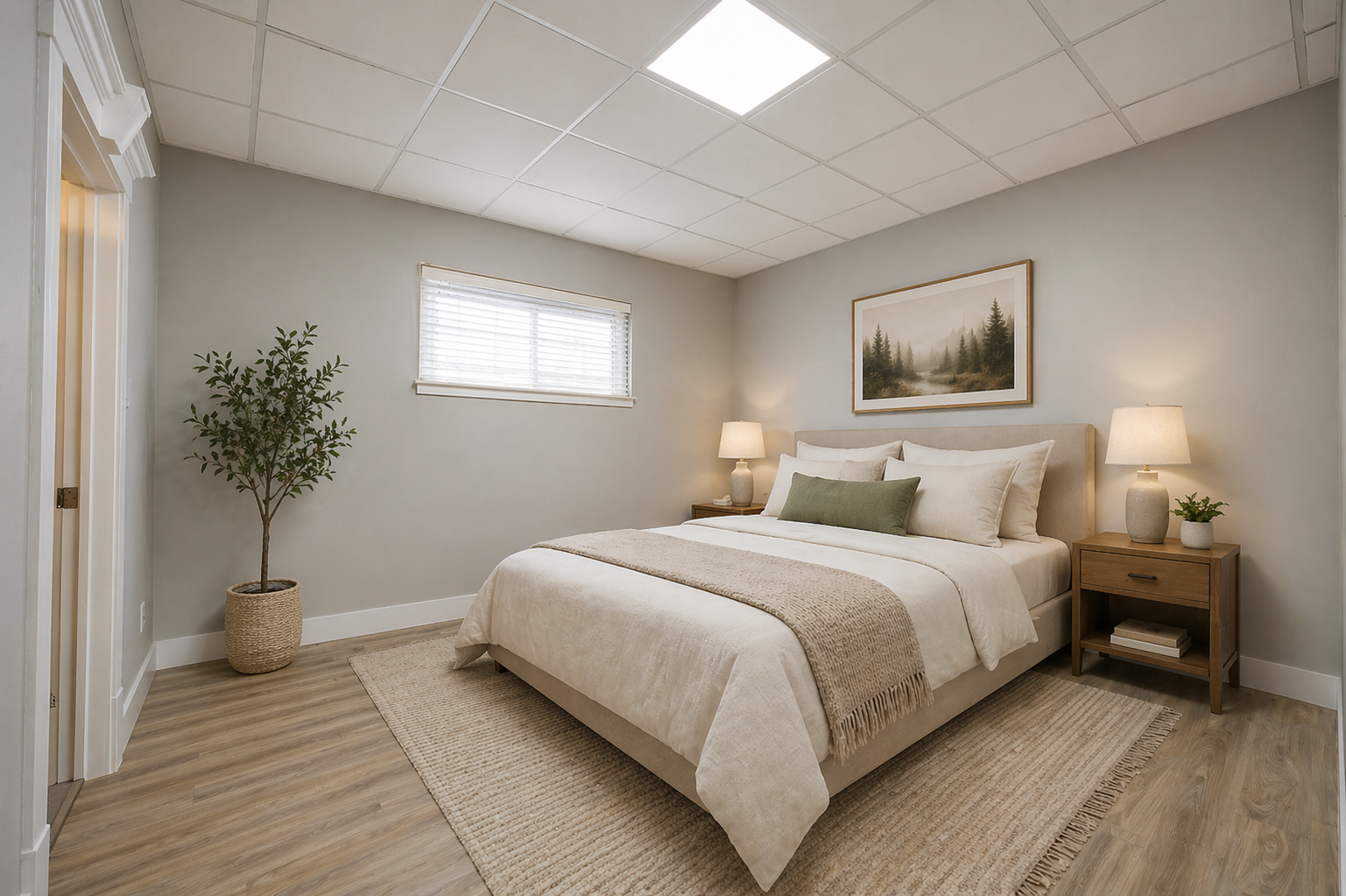Bright residential bedroom with natural finishes